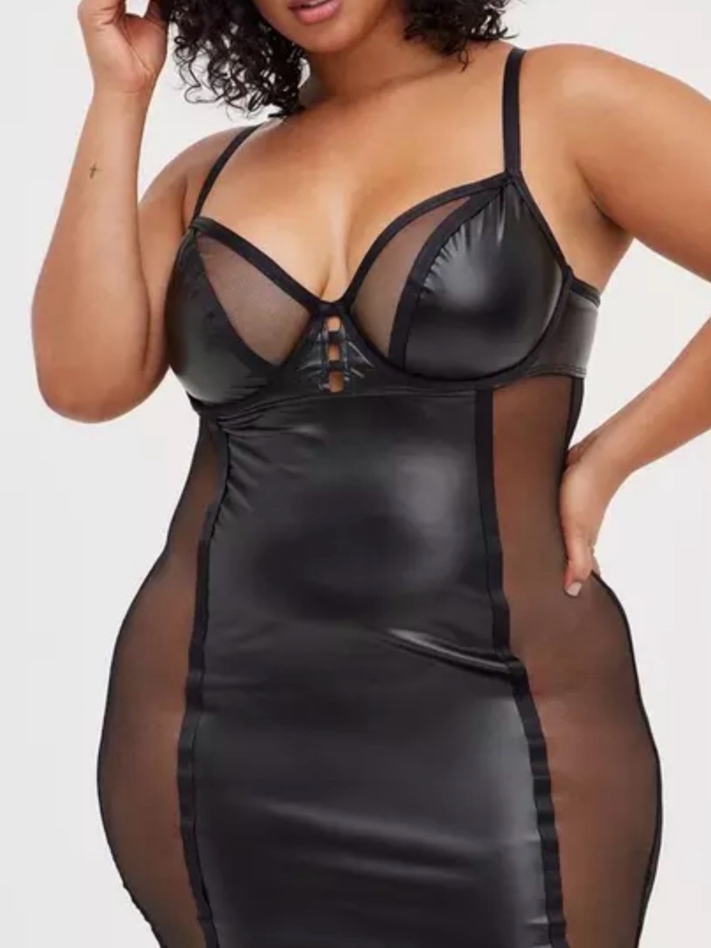 Sheer Panel Faux Leather Black Slip Dress